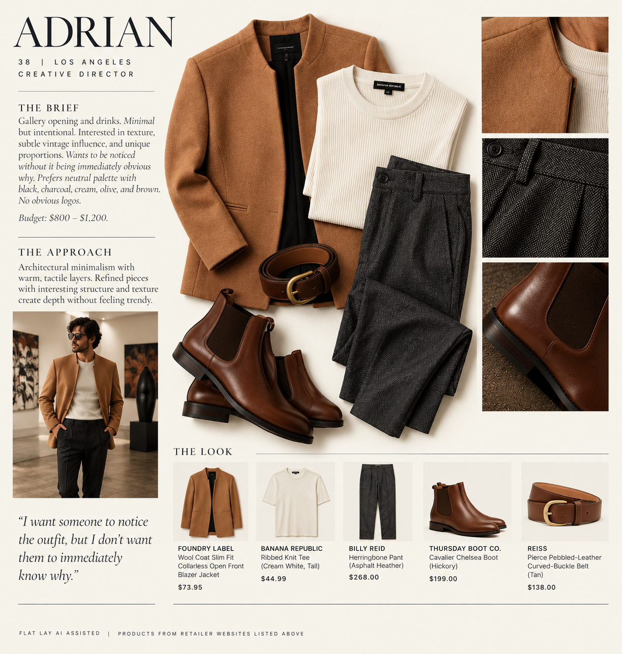Adrian concept styling board: collarless camel layer, cream ribbed tee, charcoal herringbone trousers, brown Chelsea boots and a curved-buckle leather belt, with texture details and an AI-assisted outfit visualization.