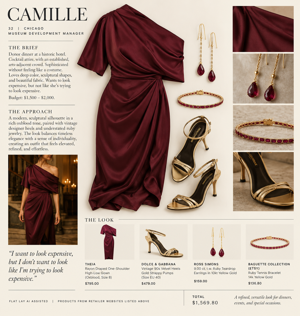Camille concept styling board with a draped oxblood one-shoulder gown, vintage gold strappy pumps, ruby drop earrings and a ruby tennis bracelet, with texture details and an AI-assisted outfit visualization.