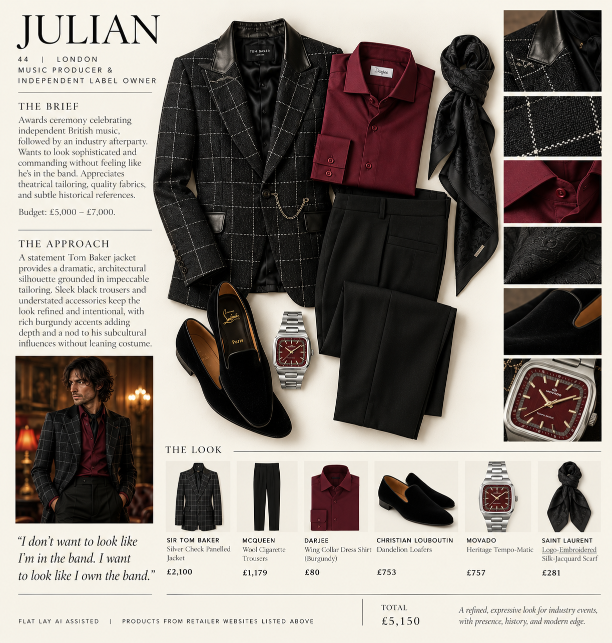 Julian concept styling board: silver-check jacket with black leather detailing, burgundy shirt, narrow black trousers, black loafers, burgundy-dial watch and black silk-jacquard scarf, with textile details and an AI-assisted outfit visualization.
