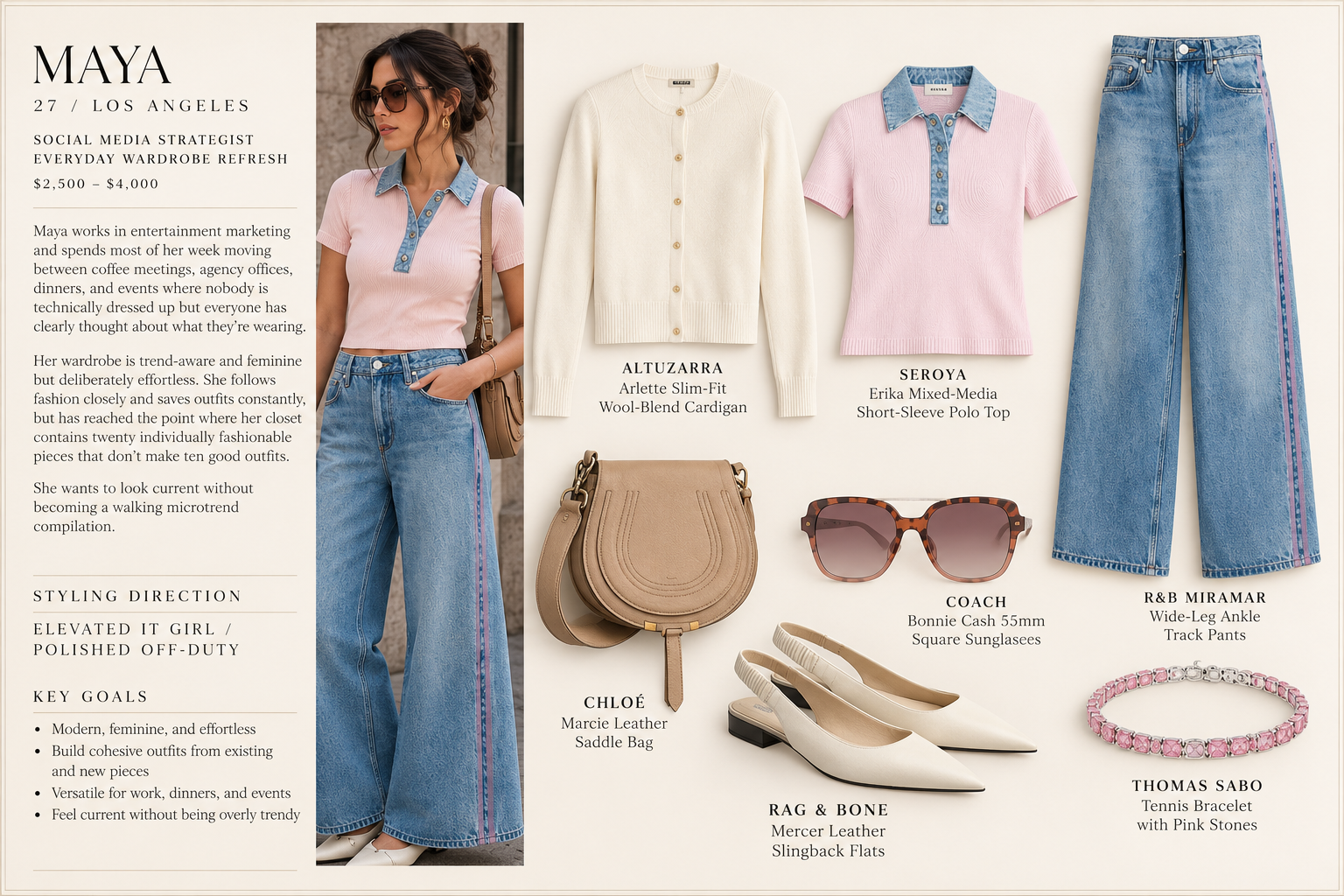 Maya concept styling board with wide-leg denim-look track pants, an ivory cardigan, a pink mixed-media polo, ivory slingback flats, a tan saddle bag, tortoiseshell sunglasses and a pink-stone tennis bracelet, alongside an AI-assisted outfit visualization.